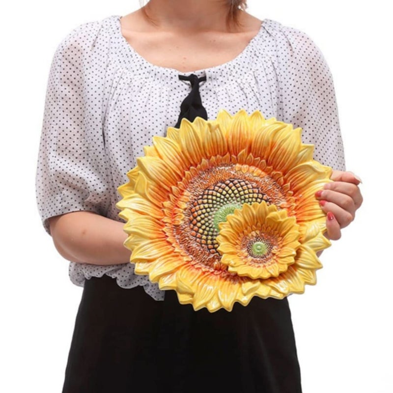 FORLONG Ceramic Chip & Dip Platter,11 inches Double Layer Hand-painted Yellow Decorated Plate -Sunflower - Image 5
